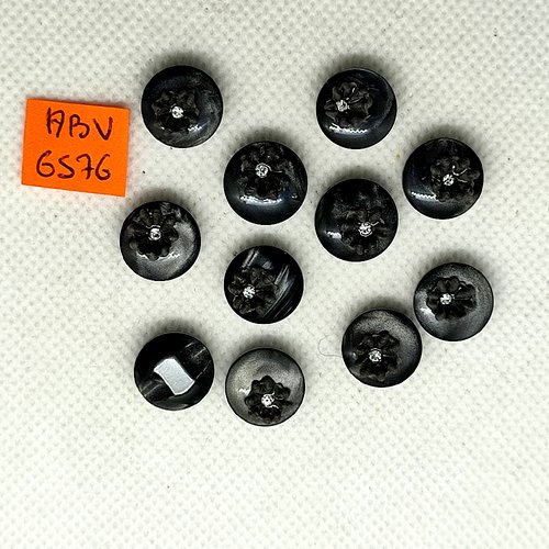 11 boutons en résine noir et fleur gris avec  strass - 13mm - abv6576