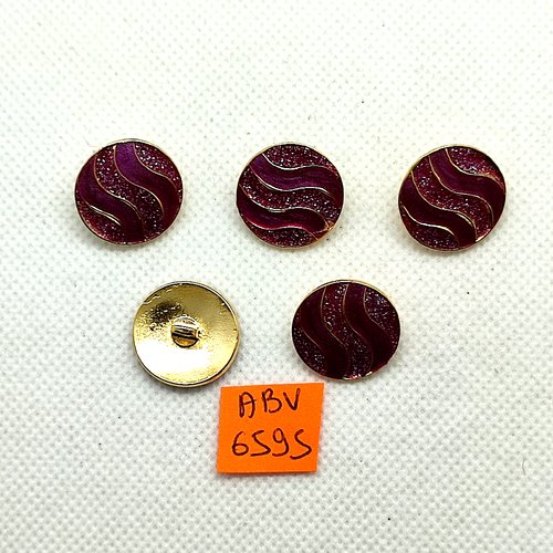5 boutons en métal doré et résine violet - 18mm - abv6595