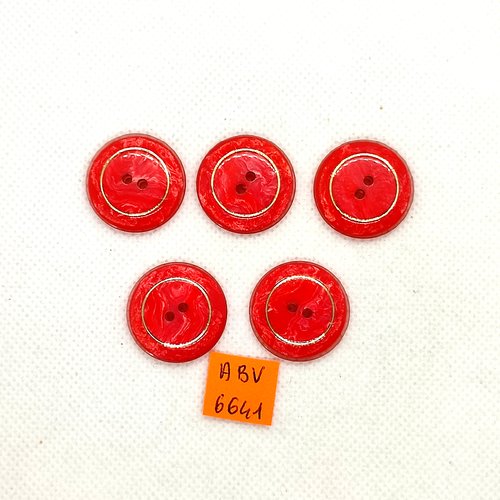 5 boutons en résine doré et rouge - 23mm - abv6641