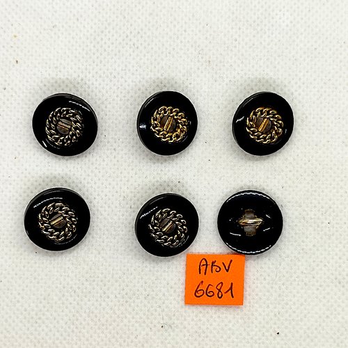 6 boutons en résine noir et doré - 17mm - abv6681