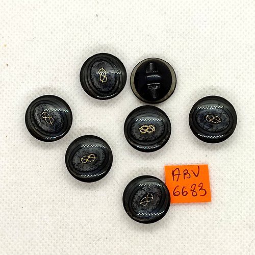7 boutons en résine gris noir et doré - 17mm - abv6683