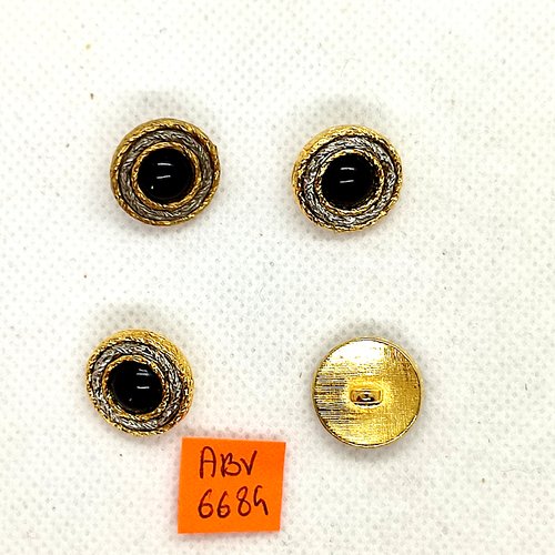 4 boutons en métal doré argenté et résine noir - 16mm - abv6684