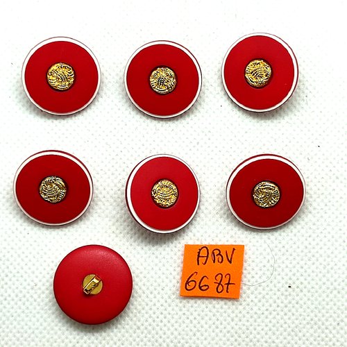 7 boutons en résine rouge et doré - 21mm - abv6687