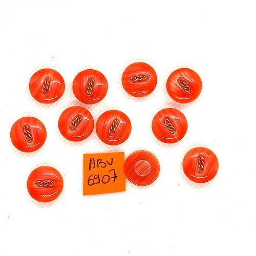 11 boutons en résine rose/orangé et doré - 14mm - abv6907