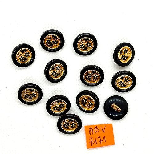 12 boutons en résine doré et noir - petite fleur - 15mm - abv7171