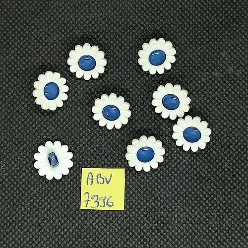 8 boutons fantaisie en résine bleu et blanc - fleur - 14mm - abv7396