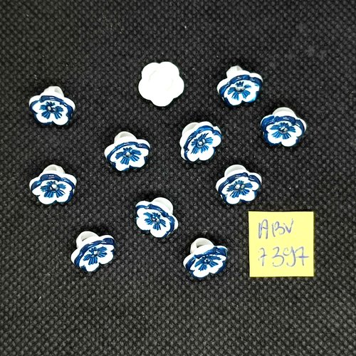11 boutons fantaisie en résine bleu et blanc - fleur - 11mm - abv7397