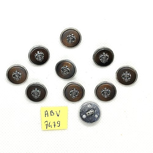 10 boutons en métal argenté - un blason - 15mm - abv7479
