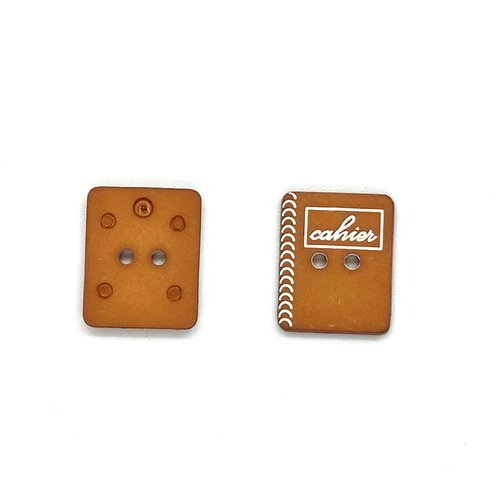 2 boutons en résine fantaisie marron clair et blanc - cahier - 18x15mm - bri484