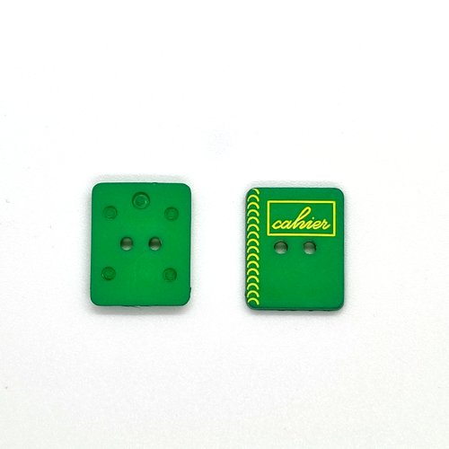 2 boutons en résine fantaisie bleu vert et jaune - cahier - 18x15mm - bri484