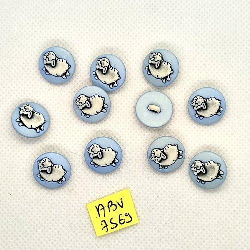 11 boutons fantaisie en résine bleu clair et blanc - un mouton - 14mm - abv7569