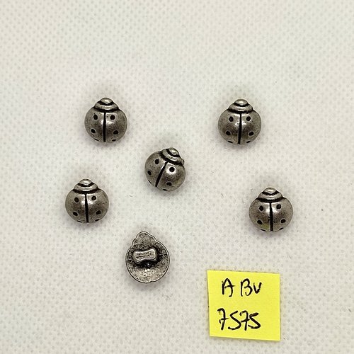 6 boutons fantaisie en résine argenté - coccinelle - 12x10mm - abv7575