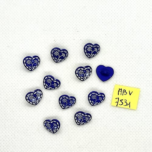 11 boutons fantaisie en résine bleu et blanc - coeur - 12x12mm - abv7531
