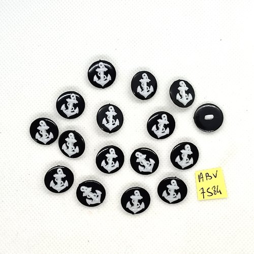 16 boutons en résine noir et blanc - une ancre - 15mm - abv7584