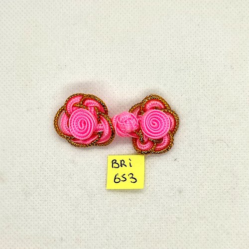 1 bouton brandebourg en passementerie - fleur - rose et doré - 5,5cm - bri653