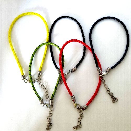 1 lot de 5 bracelet en simili cuir tressé - noir bleu foncé rouge jaune et vert - 20cm