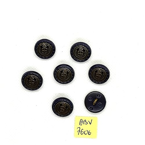 7 boutons en résine noir et métal bronze - un blason - 15mm - abv7606