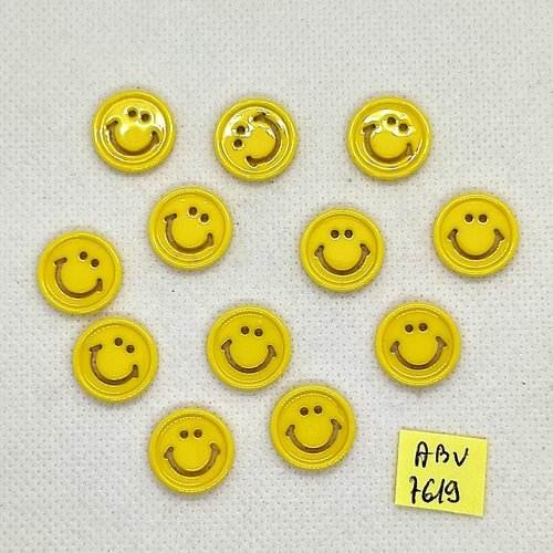 12 boutons fantaisie en résine jaune - smiley - 15mm - abv7619
