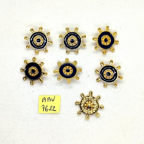 7 boutons fantaisie en métal doré et résine bleu foncé - gouvernail - 22mm - abv7622