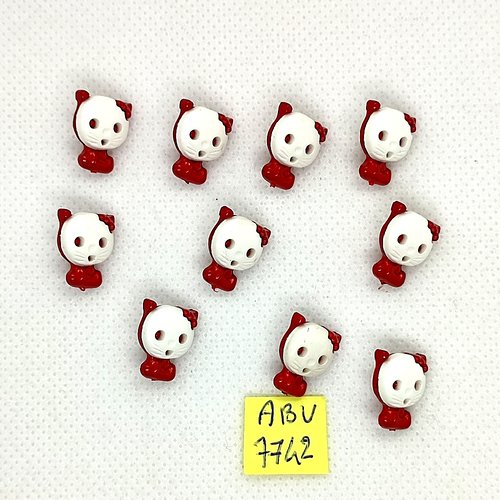 10 boutons fantaisie en résine rouge et blanc - chat - 14x10mm - abv7742