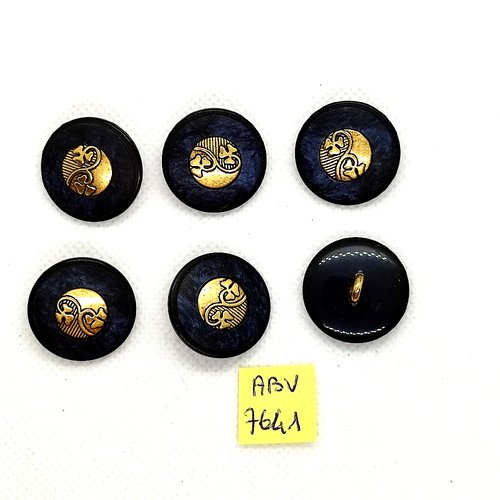 6 boutons en résine doré et bleu foncé - 23mm - abv7641