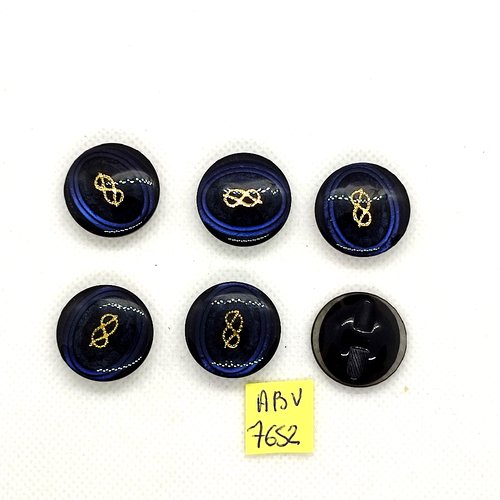 6 boutons en résine bleu foncé transparent et doré - 22mm - abv7652