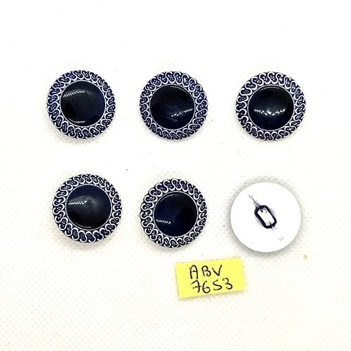 6 boutons en résine bleu et blanc - 22mm - abv7653