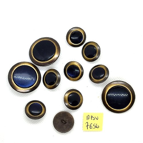 11 boutons en résine bleu et métal bronze - 28mm et 18mm - abv7656