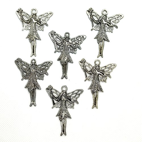 6 breloques / pendentifs en métal argenté - fée ou ange - 49x27mm - 12