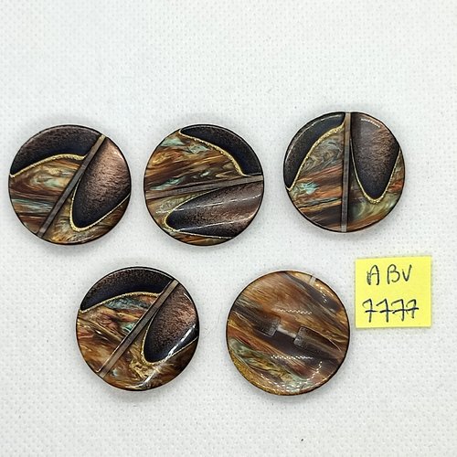 5 boutons en résine marron et doré - 27mm - abv7777