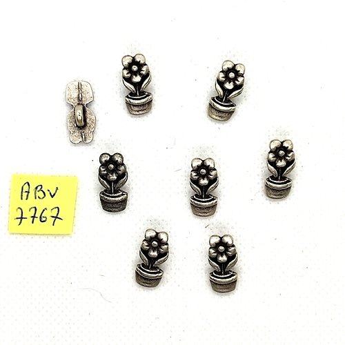 8 boutons fantaisie en résine argenté - une fleur dans un pot - 13x16mm - abv7763