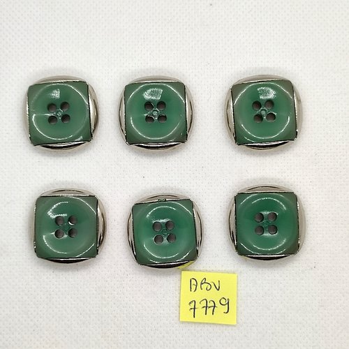 6 boutons en résine vert et métal argenté - 25x25mm - abv7779