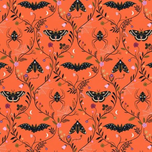 Tissu quilting dashwood studio - twilight - araignée / papillon orange - coton - 10cm/laize