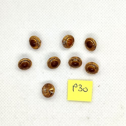 8 boutons en résine et verre doré et marron - 10mm - p30