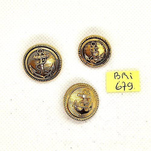 3 boutons en résine et métal doré - une ancre - 22mm - 21mm et 18mm - bri679