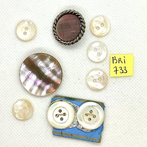 9 boutons en nacre et métal argenté blanc gris marron   - entre 13mm et 28mmmm - bri733