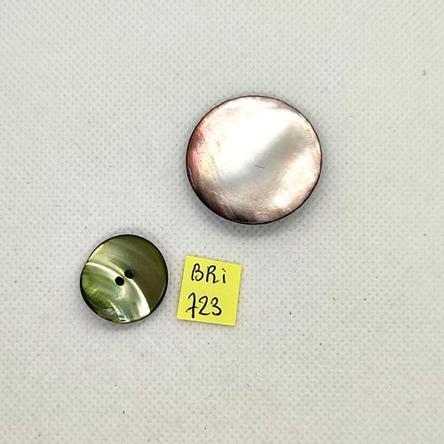 2 boutons en nacre gris et vert - 32mm et 21mm  - bri723