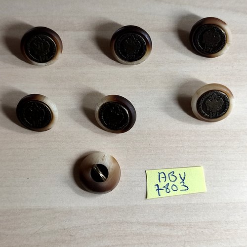 7 boutons en résine beige et métal bronze - un blason - 15mm - abv7803