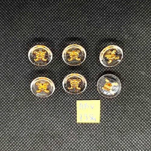 6 boutons en résine doré et transparent - 15mm - abv7954