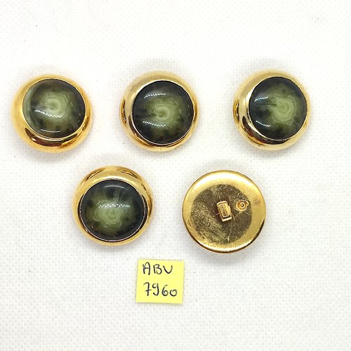 5 boutons en résine doré et vert - 27mm - abv7960