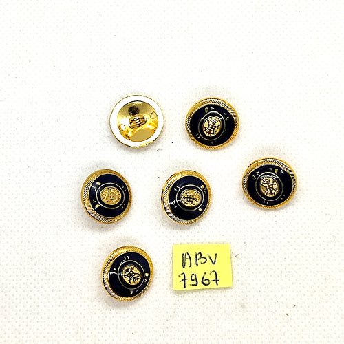 6 boutons en métal doré et noir - 15mm - abv7967