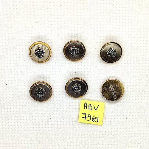 6 boutons en métal argenté et doré - un blason - 15mm - abv7969