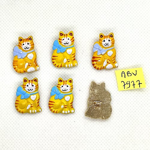 6 boutons fantaisie en métal doré et jaune - chat - 17x24mm - abv7977