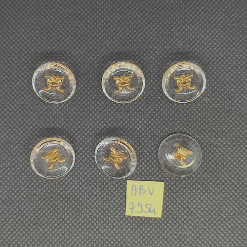 6 boutons en résine transparent et doré - 18mm - abv7954