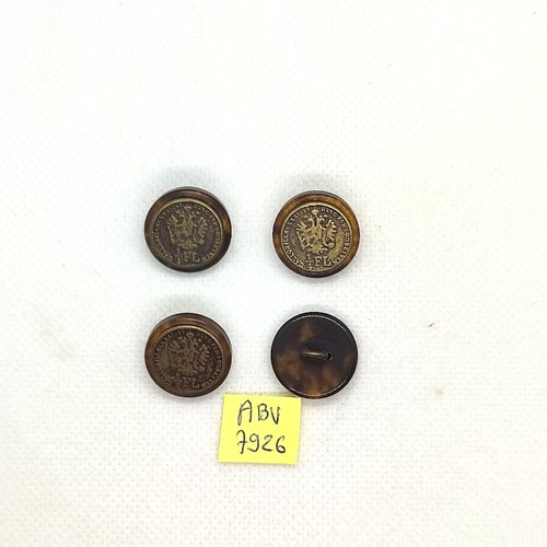 4 boutons en résine marron et métal bronze - blason - 18mm - abv7926