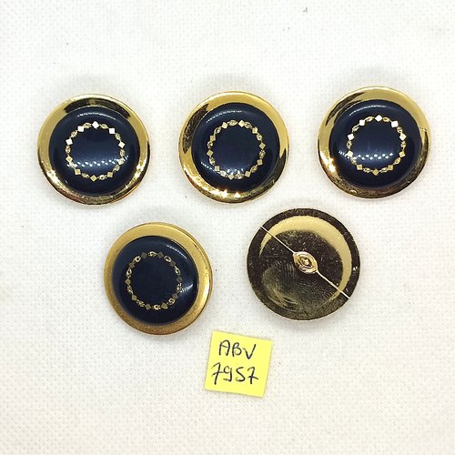 5 boutons en résine noir et doré - 28mm - abv7957