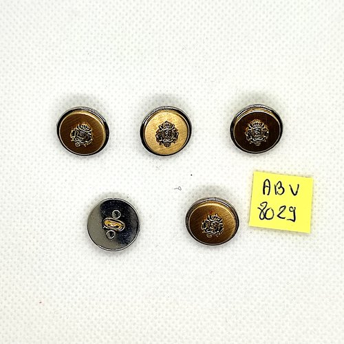 5 boutons en métal argenté et doré - un blason - 15mm - abv8029