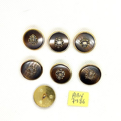 7 boutons en métal doré et bronze - un blason - 20mm - abv7986