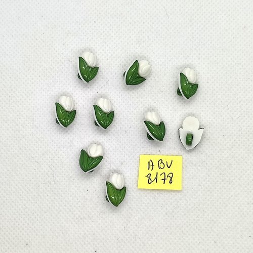 9 boutons fantaisie en résine blanc et  vert - une fleur tulipe - 11x15mm - abv8178