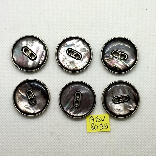 6 boutons en résine argenté et nacre gris - 28mm - abv8099